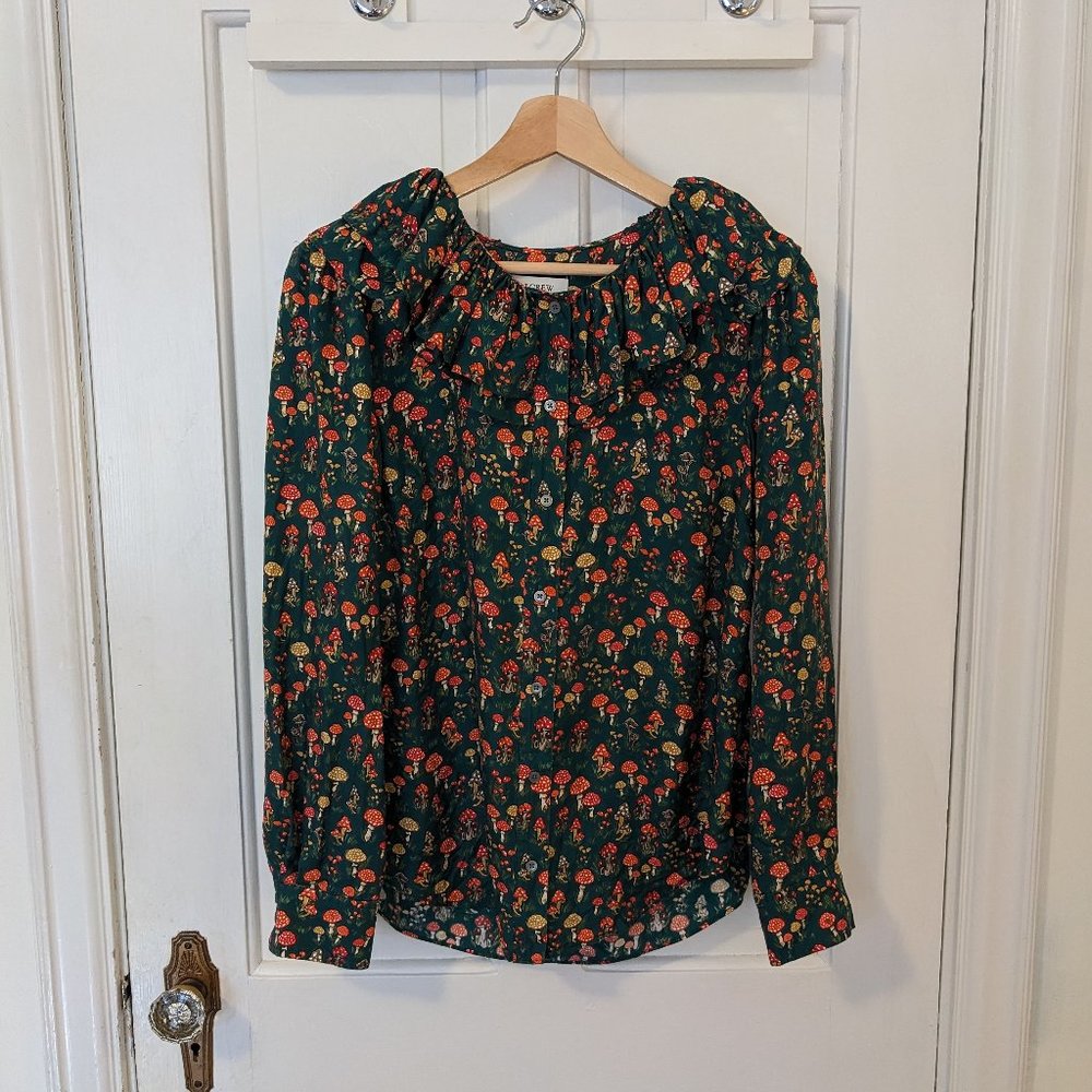 J. Crew Silk-Twill Ruffle-Collar Mushroom Print Button Down Top